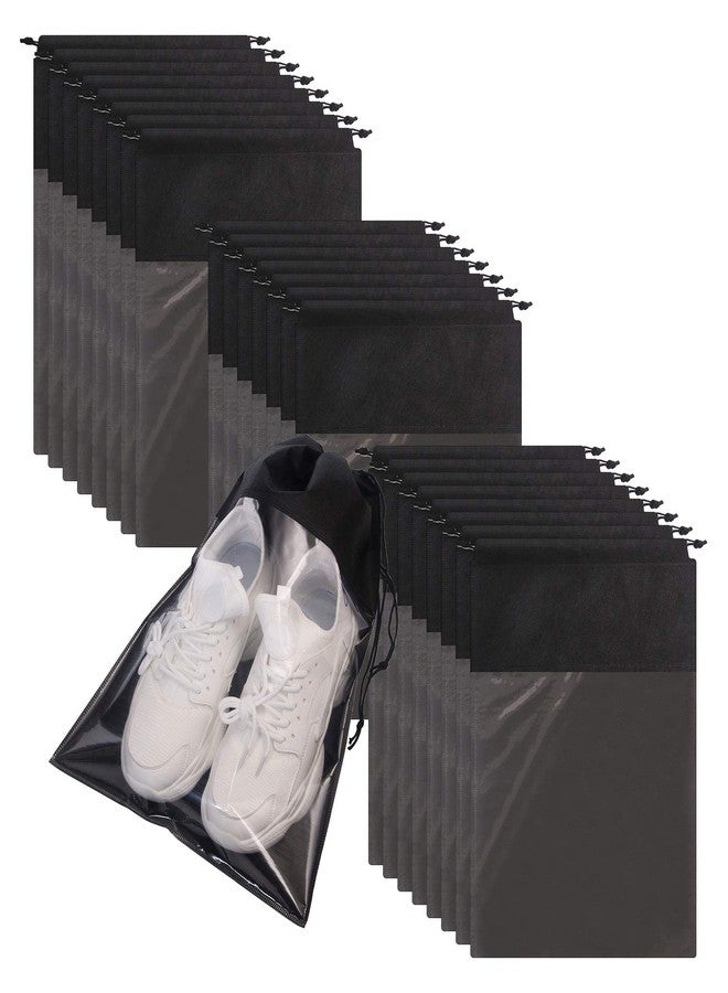 TENABORT 24 Pack Portable Shoe Bags for Travel Large Shoes Pouch Storage Organizer Clear Window with Drawstring for Men and Women Black - Image 1